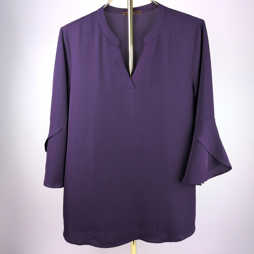 Gaharu Women Medium Blouse Purple V-Neck Bell Sleeve Tunic Top